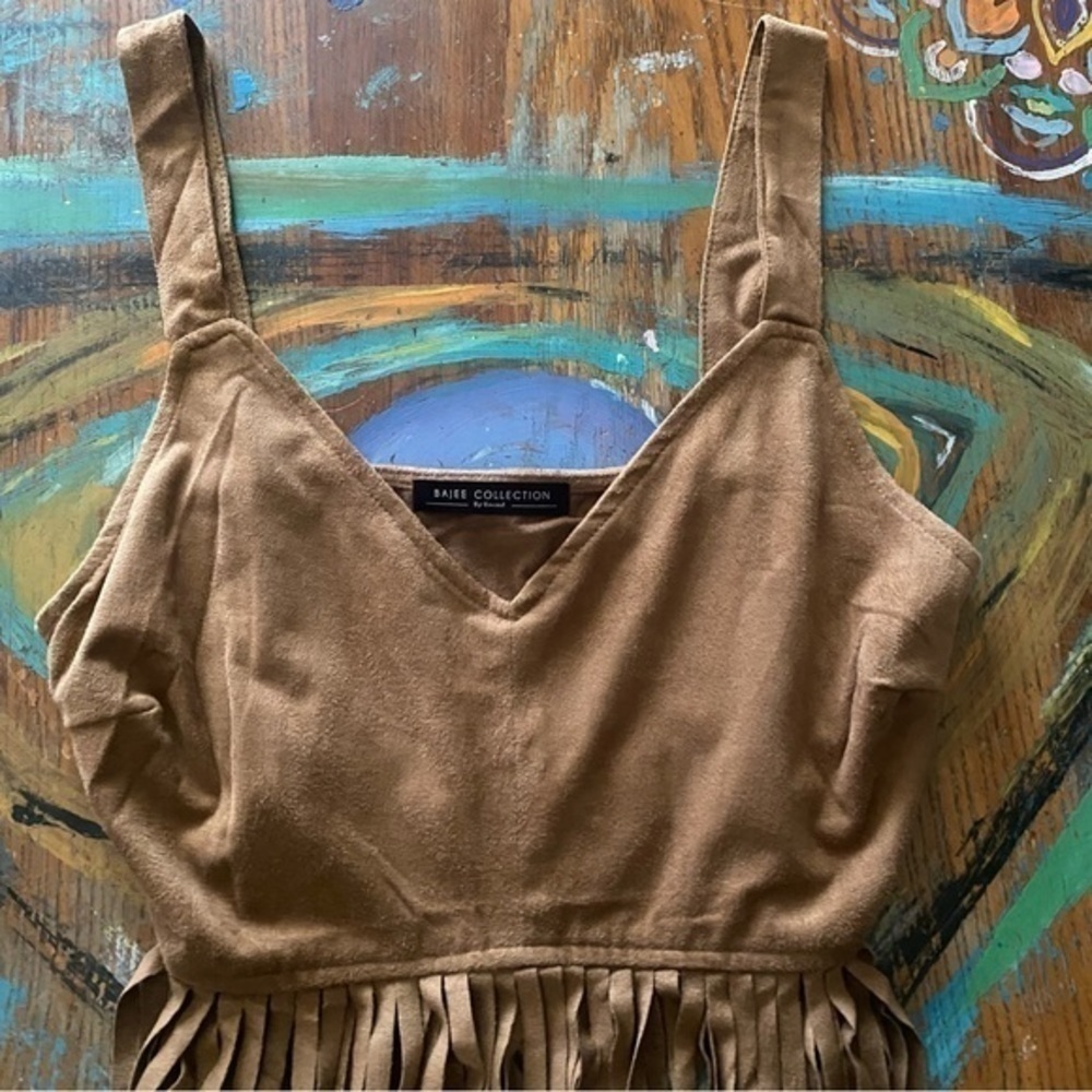 Bajee Collection Fringed Crop Top Size Small Brown/Tan - Picture 2 of 4